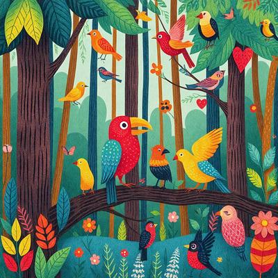 The primary subject of the image is a colorful bird sitting on a tree branch. The setting is a lush, green forest with many trees and flowers. The visual style is a combination of digital art and illustration, creating a vibrant and lively atmosphere. The dominant colors are green, yellow, and red, which contribute to the overall cheerful and lively mood of the scene.